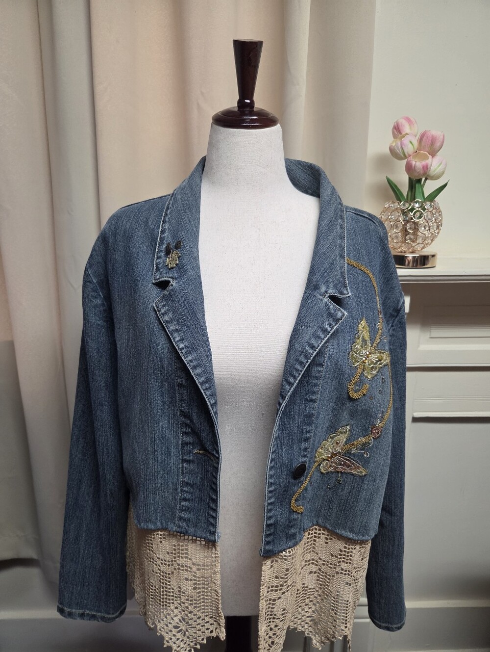 JouJou Shabby Chic Embroidered Blue Denim Jacket w/Custom Lace Hem Size XXL